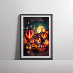 Paper Ballon Village By Night Poster