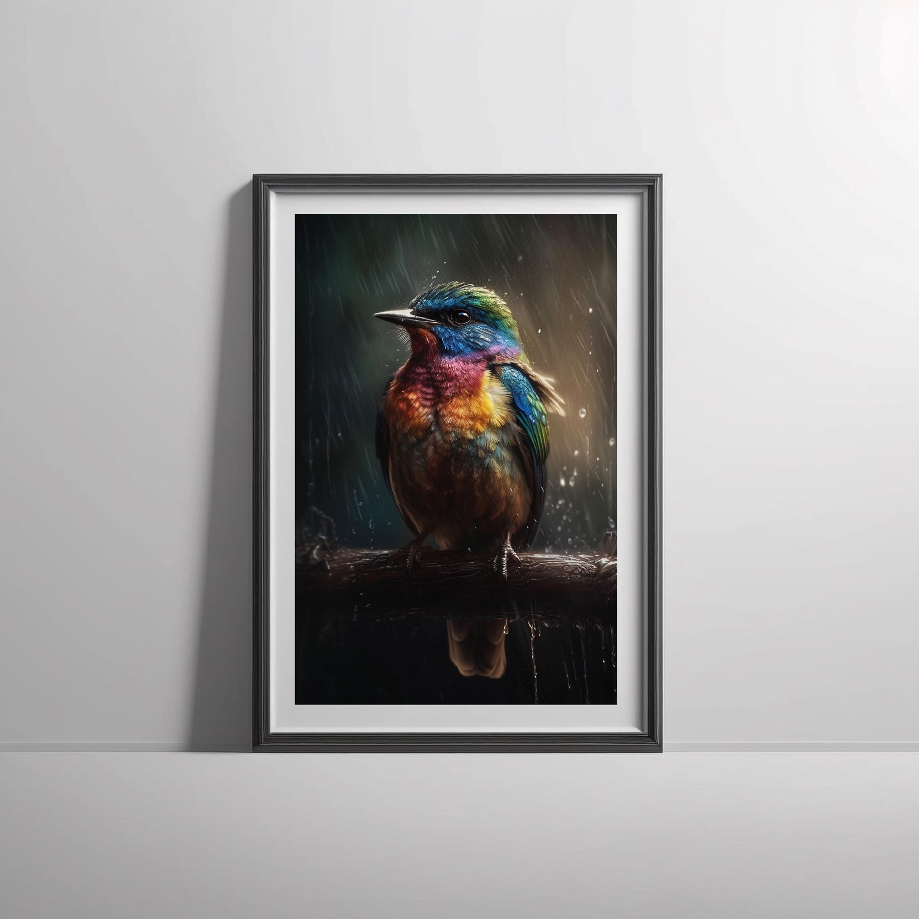 Pájaro colorido sentado bajo la lluvia Póster