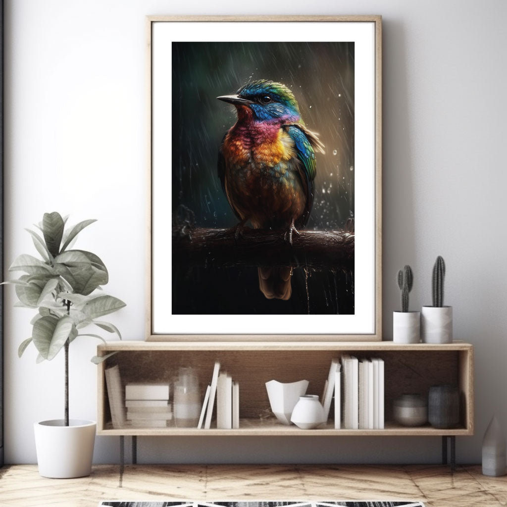 Pájaro colorido sentado bajo la lluvia Póster