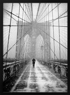 New York Walker in Blizzard - Brooklyn Bridge Poster