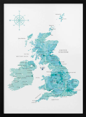 Aquamarine watercolor map of the United Kingdom Poster