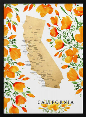 California map with watercolor poppies Poster