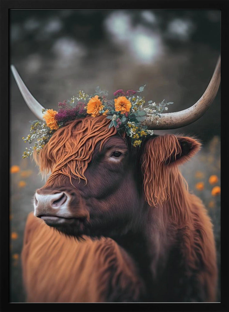 Highland Cow With Flowers Poster