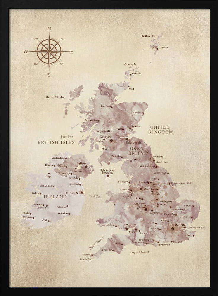 Sepia map of the United Kingdom Poster