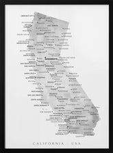 Grayscale watercolor map of California with cities Poster