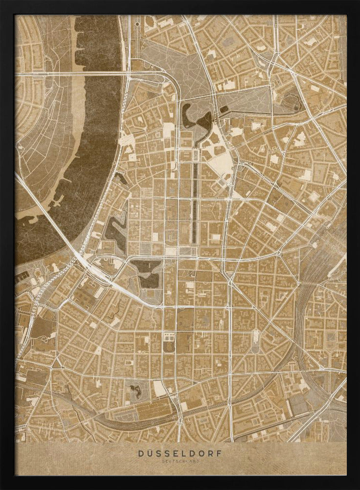 Sepia vintage map of Düsseldorf downtown Germany Poster