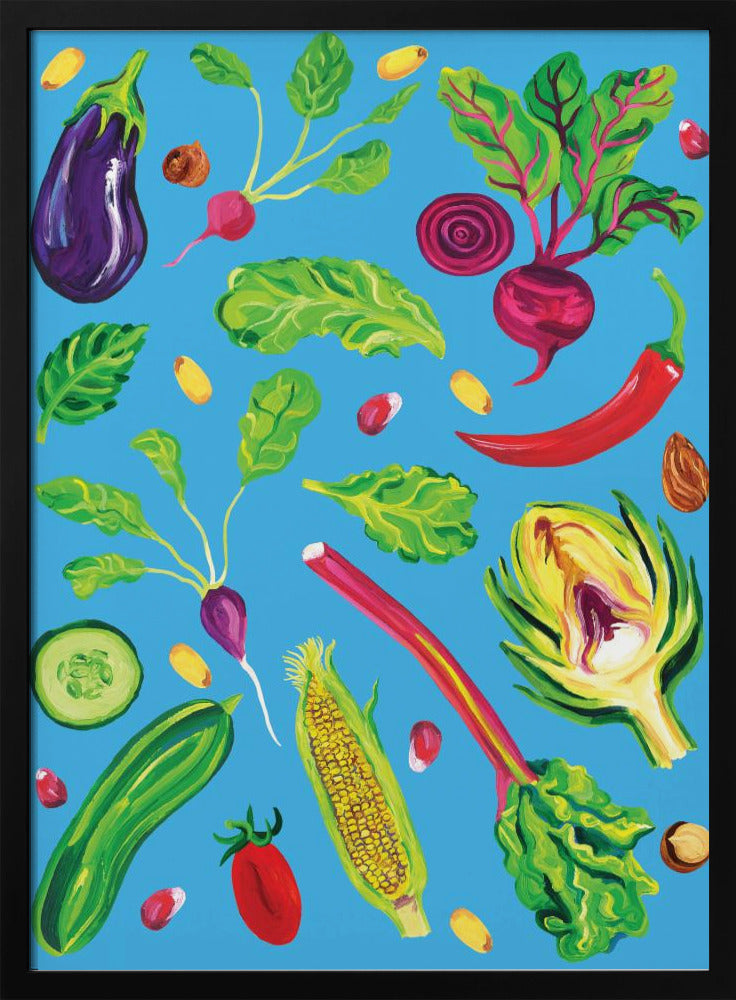 Spring Vegetables Blue Poster