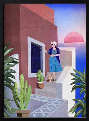 Lady and Cat In Santorini Poster