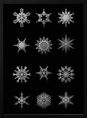 Twelve geometric snowflakes in black Poster