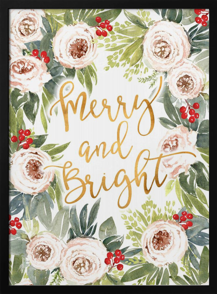 Merry and bright holiday roses and berries Poster