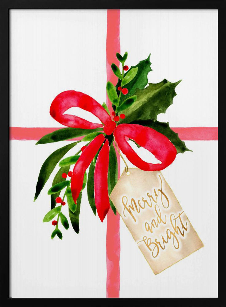 Watercolor gift with merry and bright tag Poster