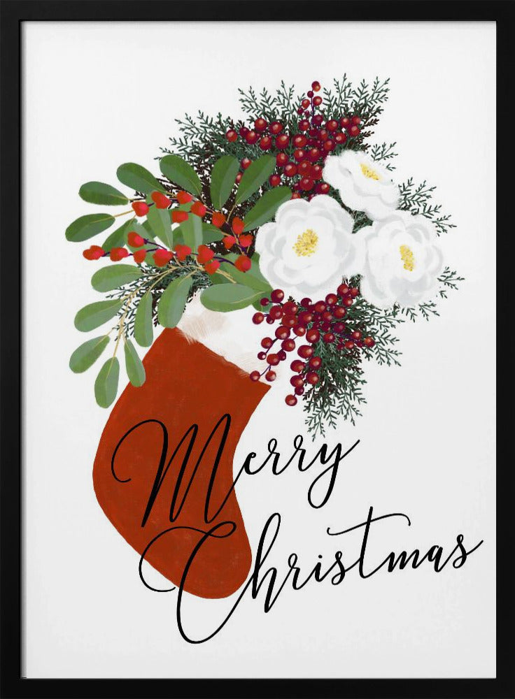 Floral Stocking Merry Christmas in white Poster