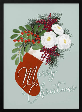 Floral Stocking Merry Christmas in mint Poster