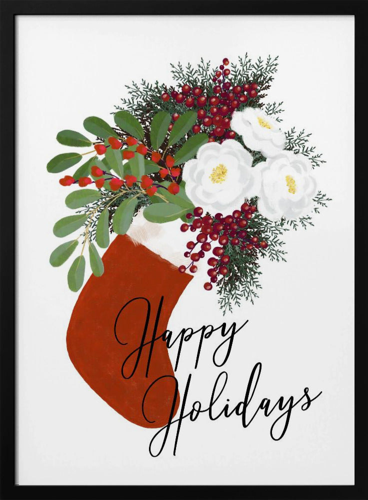 Floral Stocking Happy holidays in white Poster