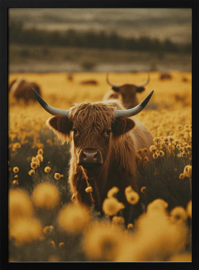 Highland Cows In Flower Field Poster