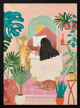 Woman taking bath in pink tropical bathroom Poster