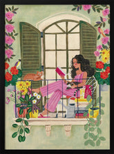 Woman reads on balcony Poster