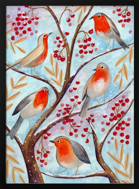 Winter birds robins Christmas snow Poster