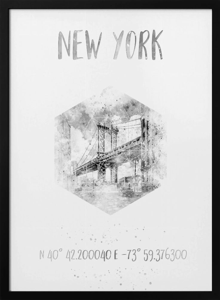 Coordinates NYC Manhattan Bridge | monochrome watercolor Poster