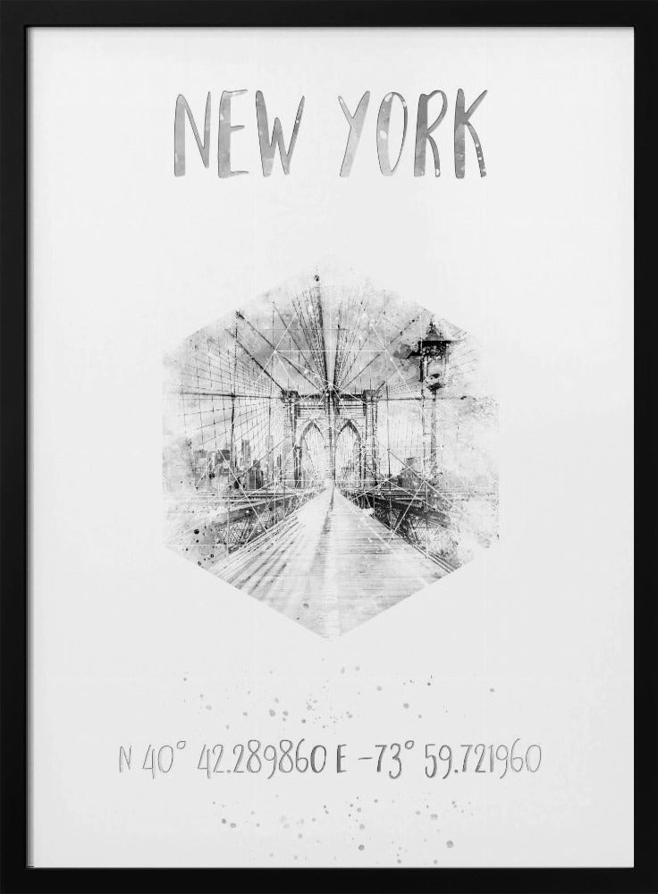 Coordinates NYC Brooklyn Bridge |  monochrome watercolor Poster