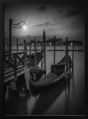 VENICE Gondolas during sunrise in black and white Poster