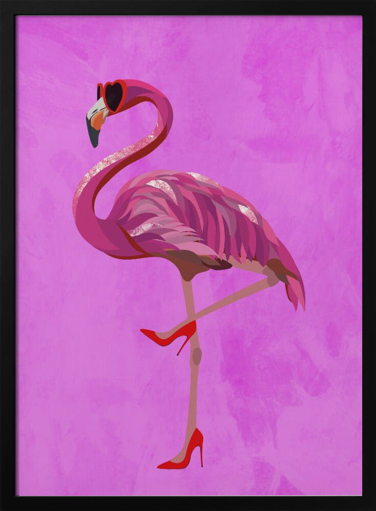 Flamingo in heels and heart glasses pink Poster