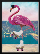 Flamingo rollerskating on the beach Poster