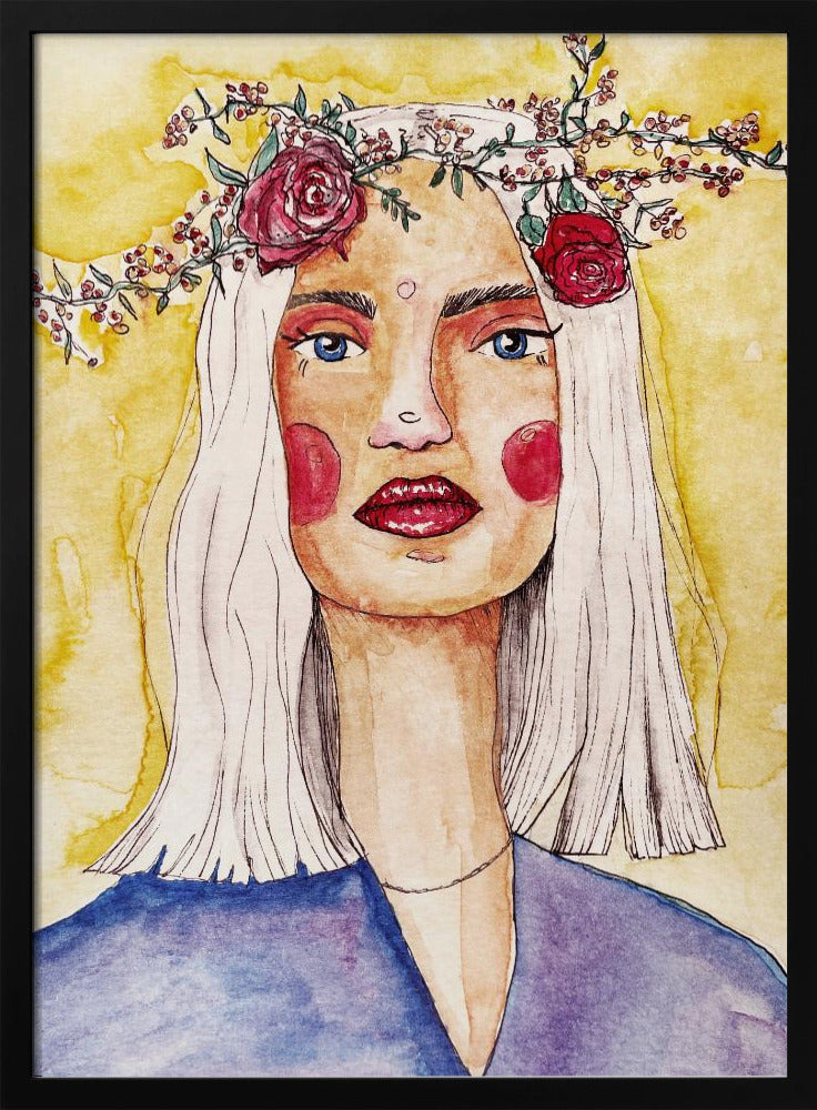 Lady with flower wreath Poster