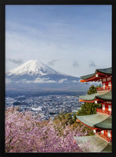 Unique view of Mount Fuji with Chureito Pagoda during cherry blossom season Poster