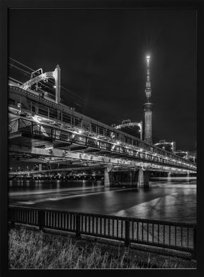 Tokyo Skytree with Sumida River Walk at night - monochrome Poster