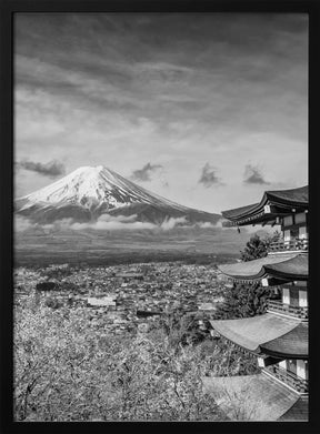 Unique view of Mount Fuji with Chureito Pagoda during cherry blossom season - monochrome Poster