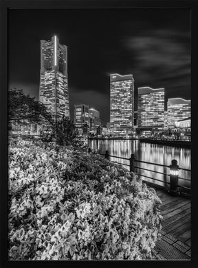 Picturesque Yokohama skyline at night - monochrome Poster