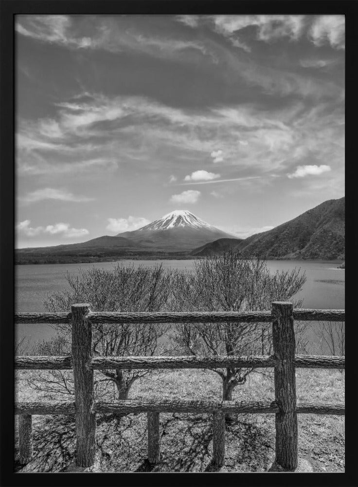 Lake Motosu with Mount Fuji - monochrome Poster