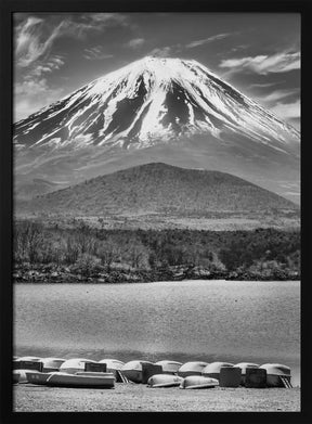 Picturesque Lake Shoji with striking Mount Fuji - monochrome Poster