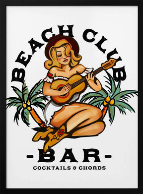 Beach Club Bar. Sailor Jerry Style Pin-up Girl Playing Guitar Poster