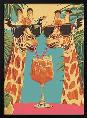 Giraffes Sharing a Drink Poster