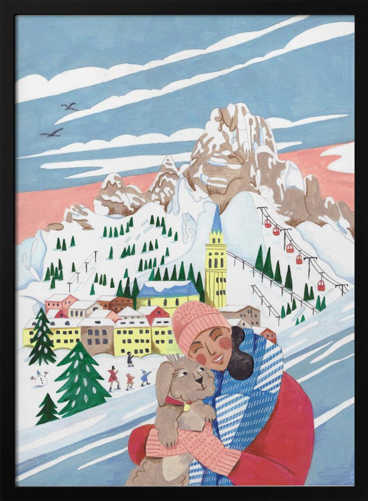 Winter Scene Woman and Dog Poster