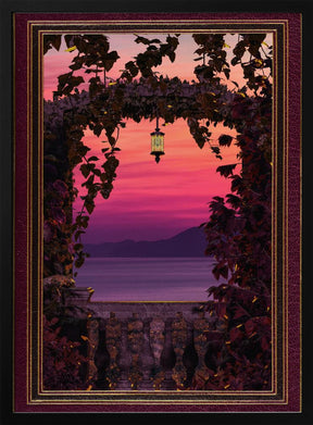 Sunset view with ornate &amp; gold burgundy frame Poster