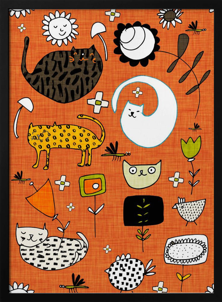 Spring Cat Orange - Cute Whimsical Cats with Flowers Poster