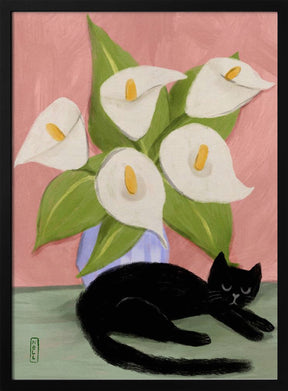 Lilies In a Vase and a Black Cat  - Still Life Illustration Poster