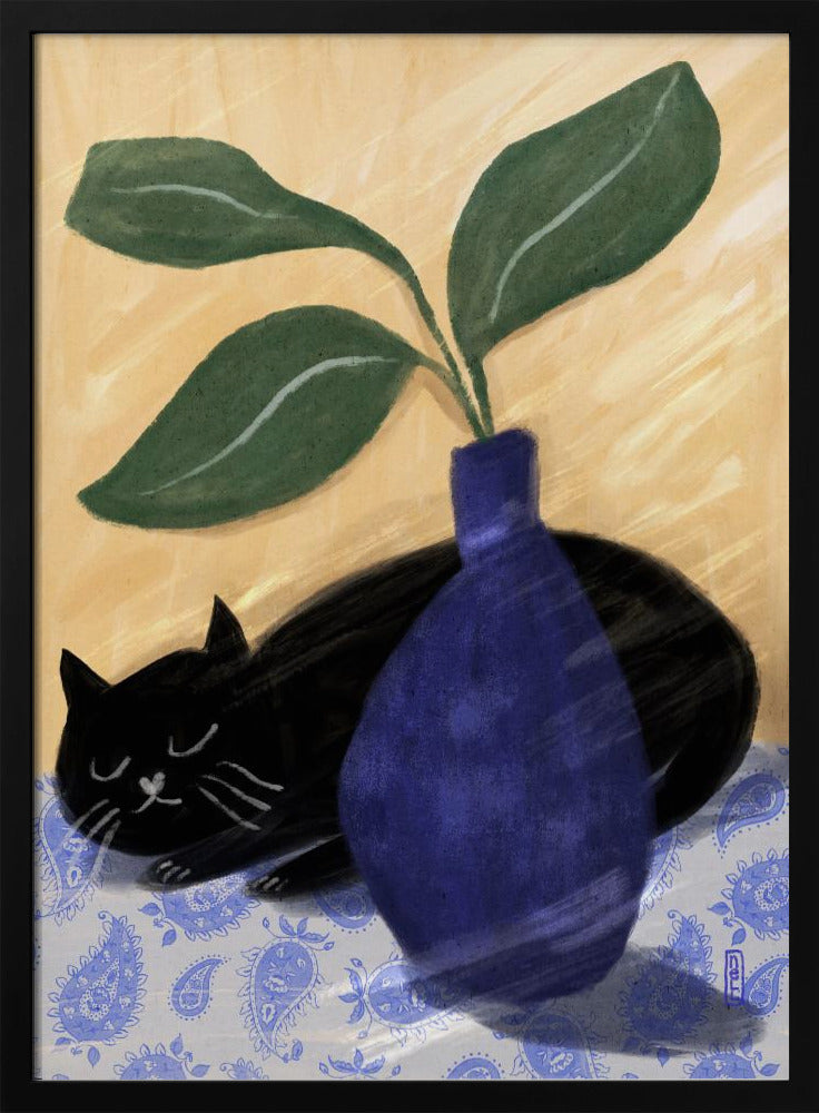 Sleeping Black Cat On Paisly Lia Illustration Poster