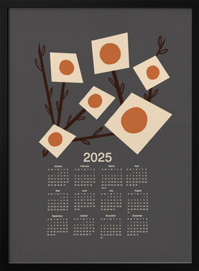 Sunburst Blossoms Charcoal 2025 Mid Century Calendar Poster