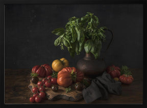 Still life with tomatoes and basil Poster