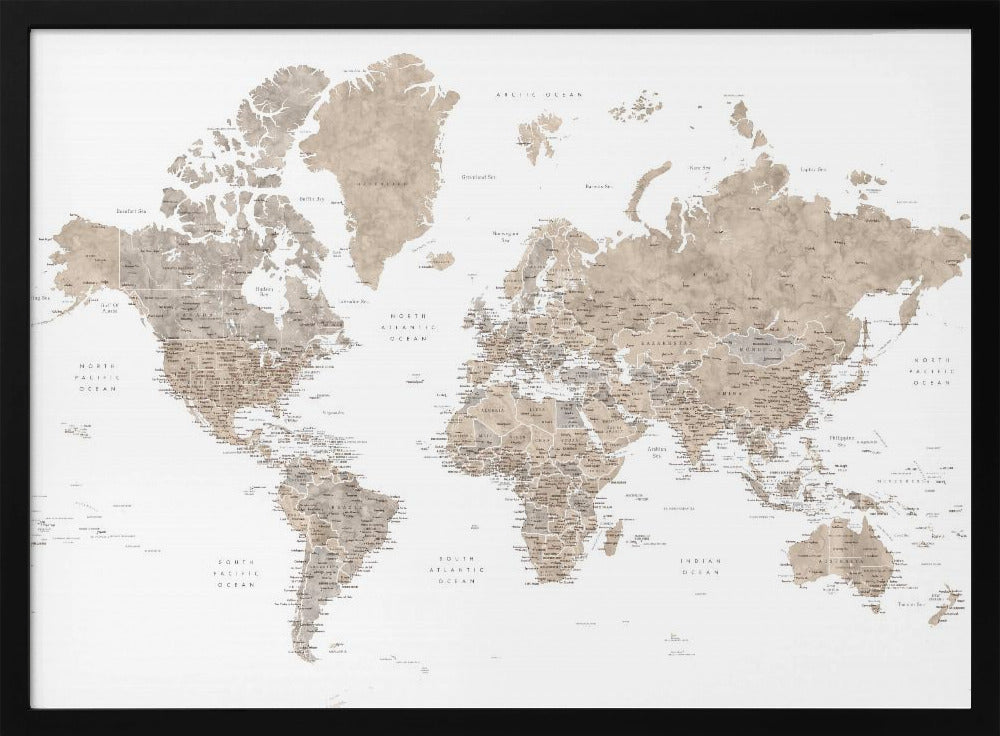 Detailed world map with cities, Abey Poster