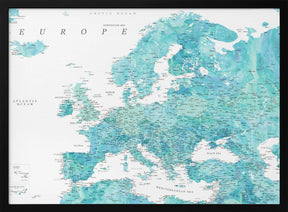 Aquamarine detailed map of Europe Poster