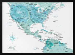 Aquamarine map of USA and Mexico Poster