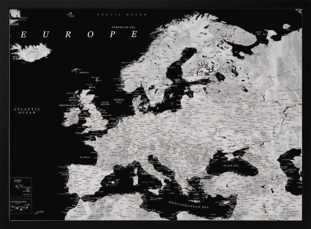 Black and grey detailed map of Europe Poster