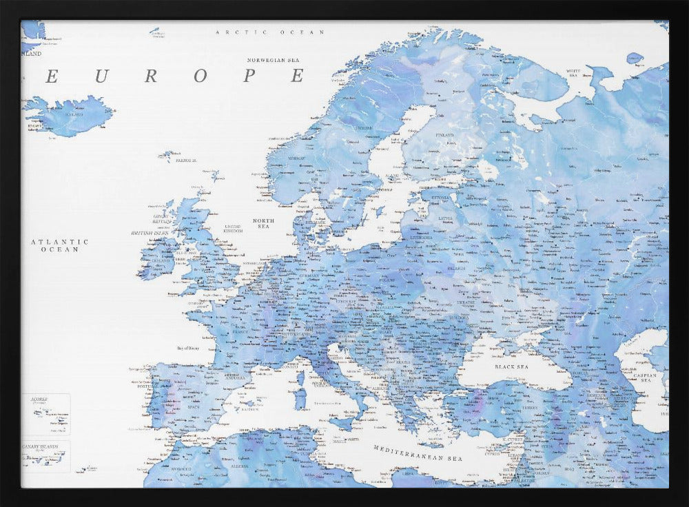 Light blue watercolor detailed map of Europe Poster