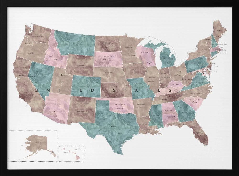 Pink and teal watercolor map of the US Poster