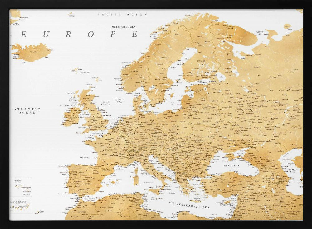 Golden detailed map of Europe Poster